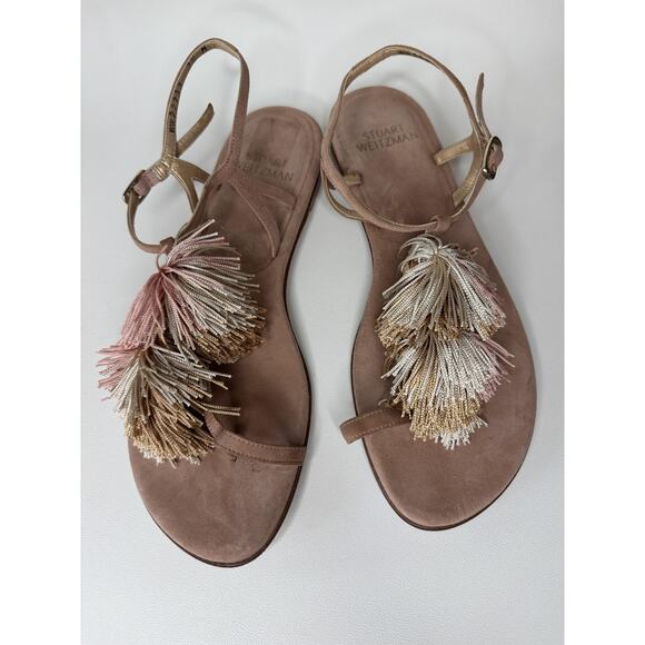 Stuart Weitzman Sandals Womens Size 7.5 Tassel Suede Leather Flat Shoes - Picture 1 of 12